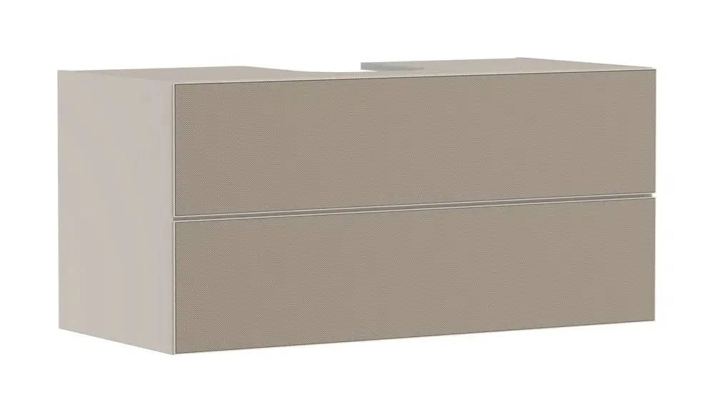 Heller Waschtischunterschrank von Hansgrohe mit zwei Schubkästen, geriffelter Oberfläche und modernem Design. Geeignet für Aufsatzwaschtisch.